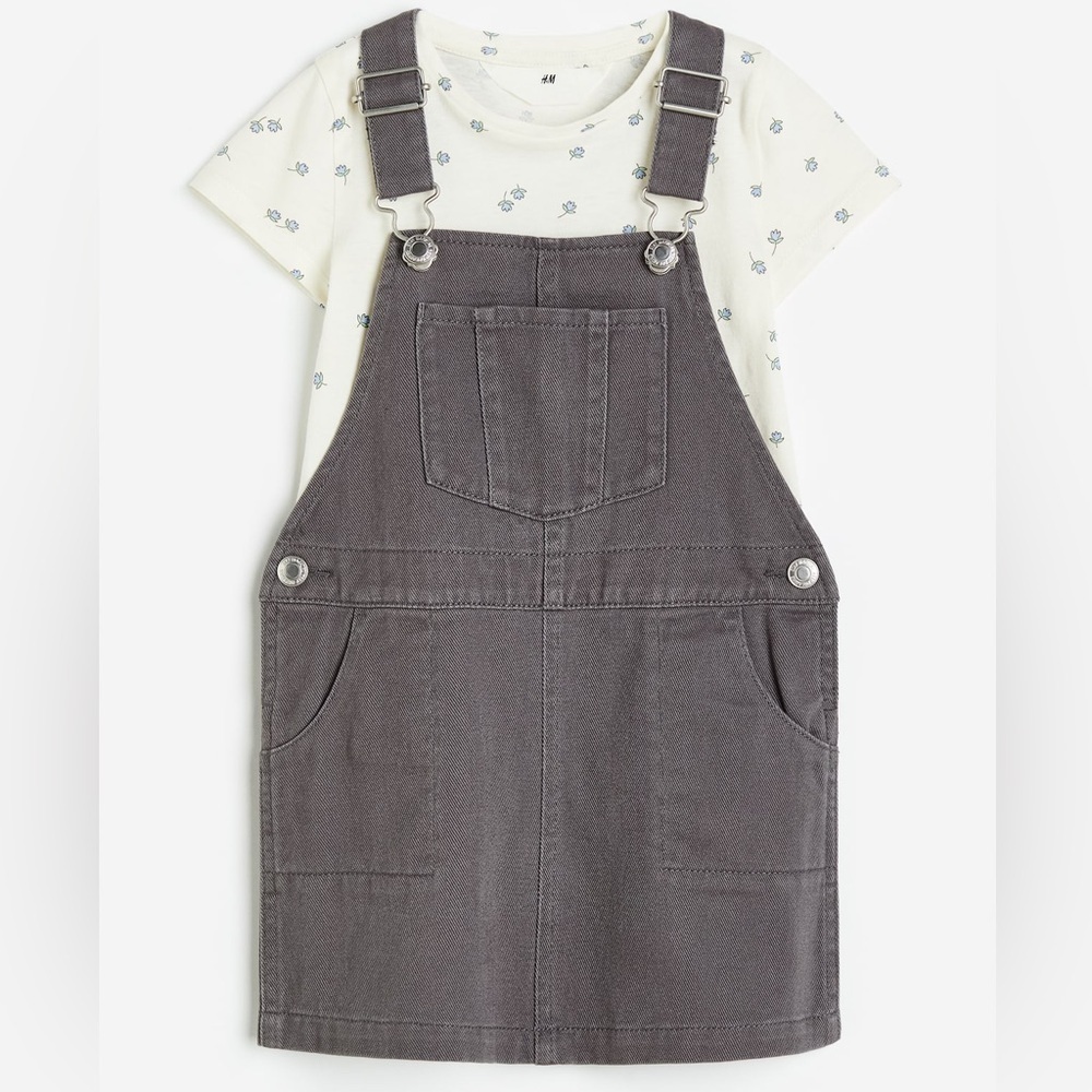 H&M Girls Dark Gray Soft Denim Overall Dress Size 6 Dungaree